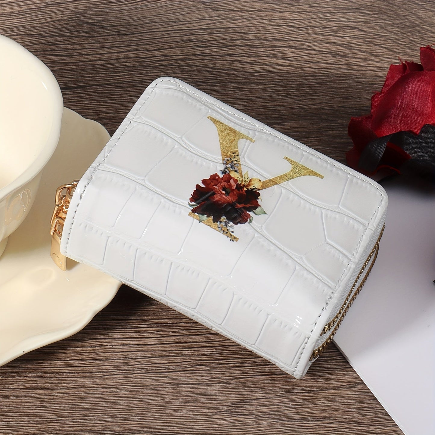 Floral Letter Pattern Credit Card Holder Small Business Card Case For Women Or Men Accordion Wallet With Zipper