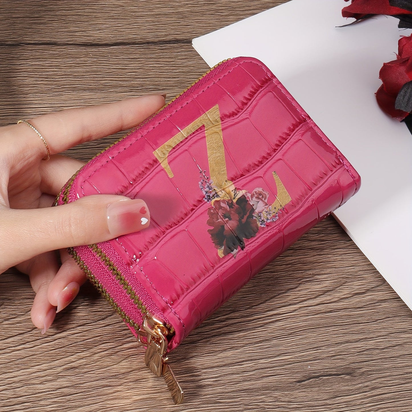 Floral Letter Pattern Credit Card Holder Small Business Card Case For Women Or Men Accordion Wallet With Zipper