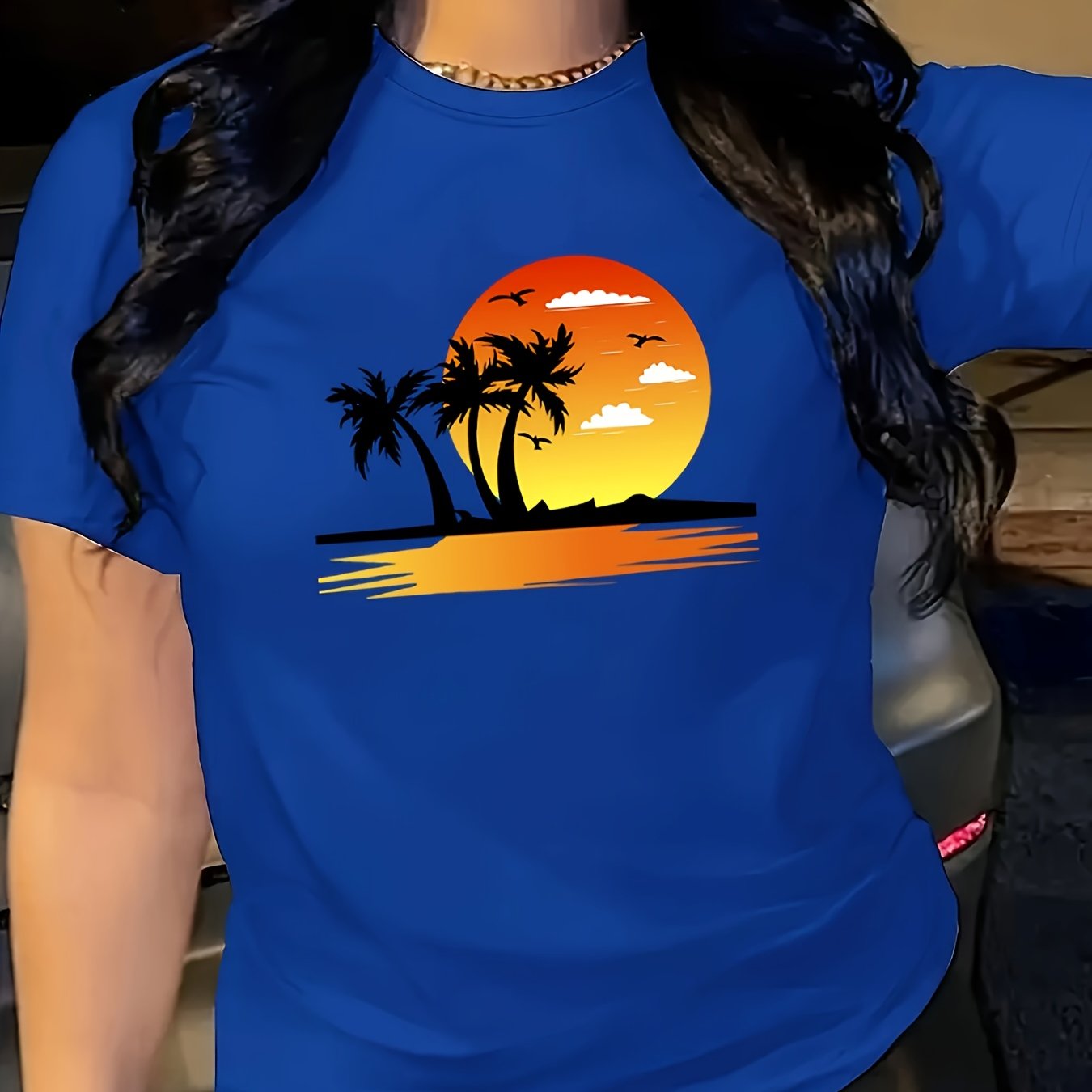 Beach Sunset Print Crew Neck T-shirt, Casual Short Sleeve Top For Spring & Summer, Women's Clothing