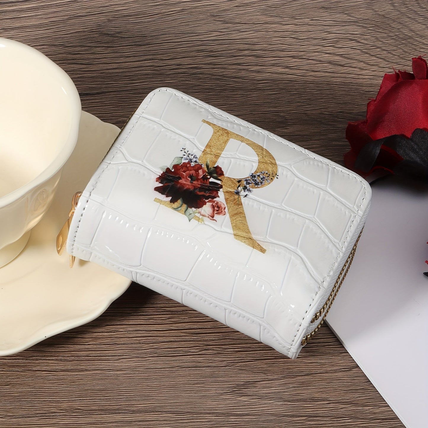 Floral Letter Pattern Credit Card Holder Small Business Card Case For Women Or Men Accordion Wallet With Zipper