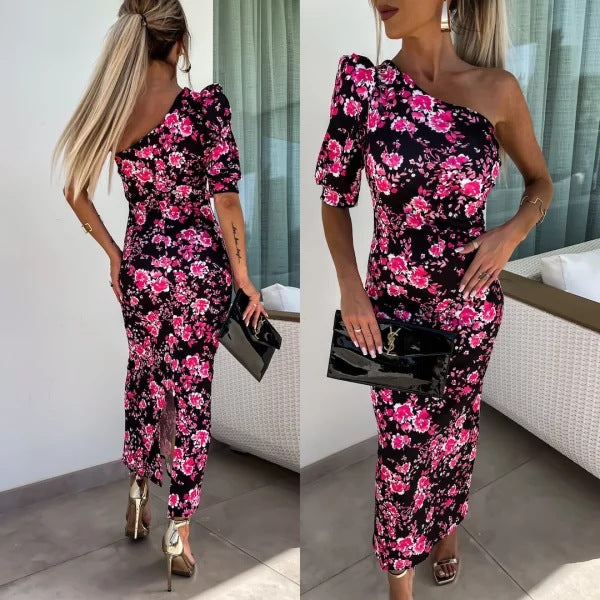 Women's Oblique Shoulder Printed Sheath Fold Split