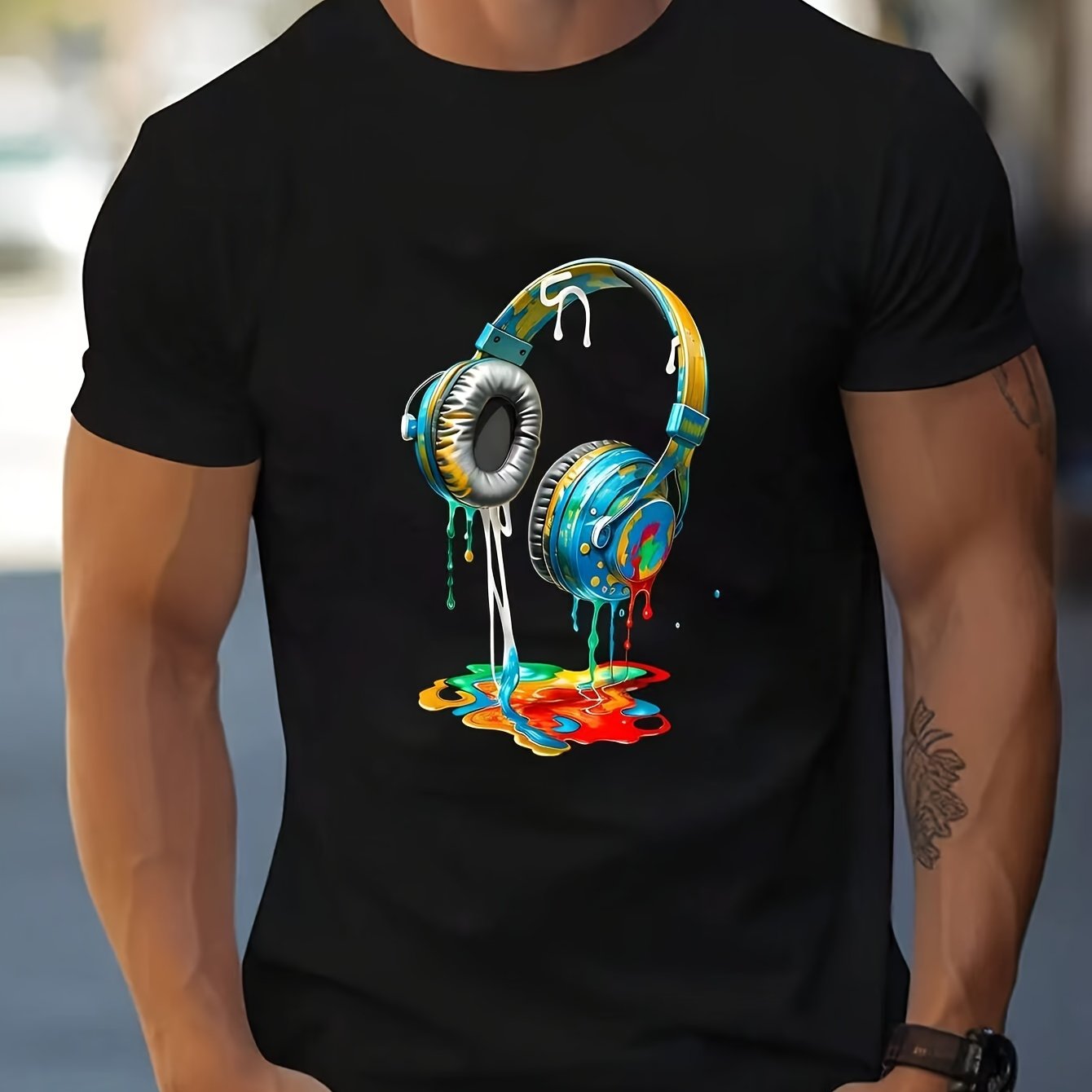 Colorful Headphone Print Short Sleeve T-Shirt For Men, Summer Casual Athletic Crew Neck Top For Daily Wear
