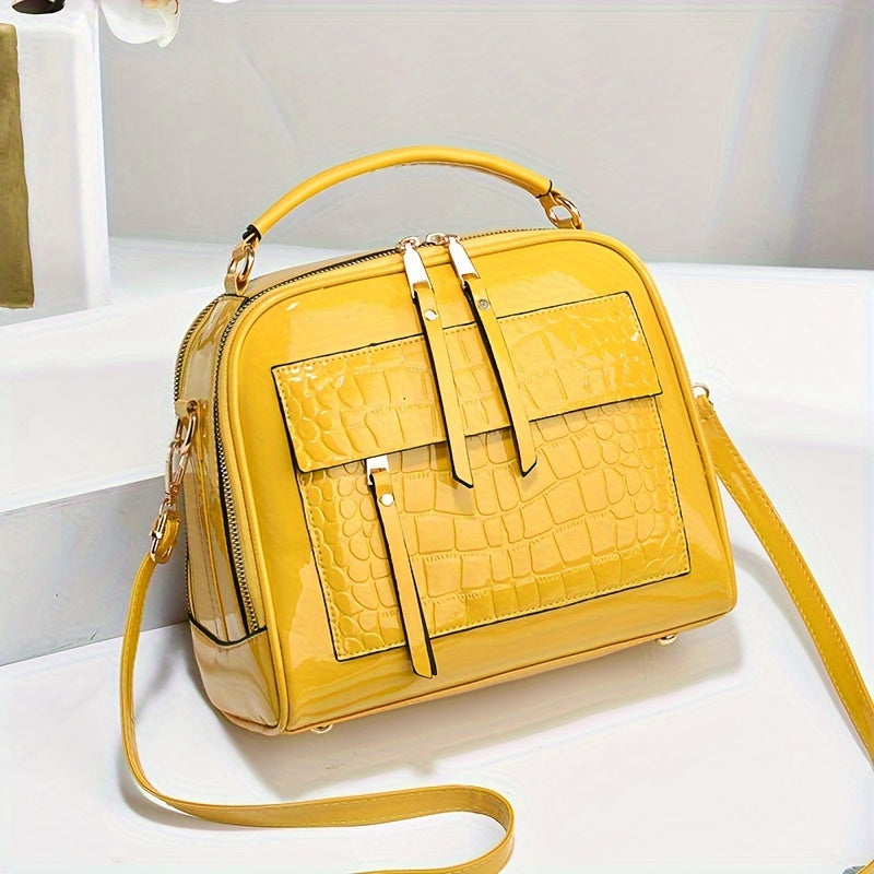 Elegant Crocodile Pattern Patent Leather Handbag, Retro Style, Vintage Square Shoulder Bag, Faux Leather Crossbody With Adjustable Strap For Women