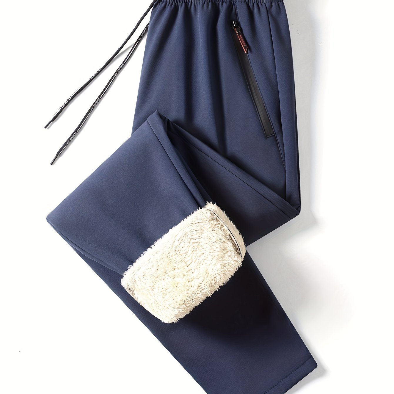 1pc Men'S Winter Fleece-Lined Casual Pants, Solid Color Polyester Non-Stretch Woven with Zipper Details, Regular Fit Adult Weekend Trousers, Basic Style Regular Length, Thick