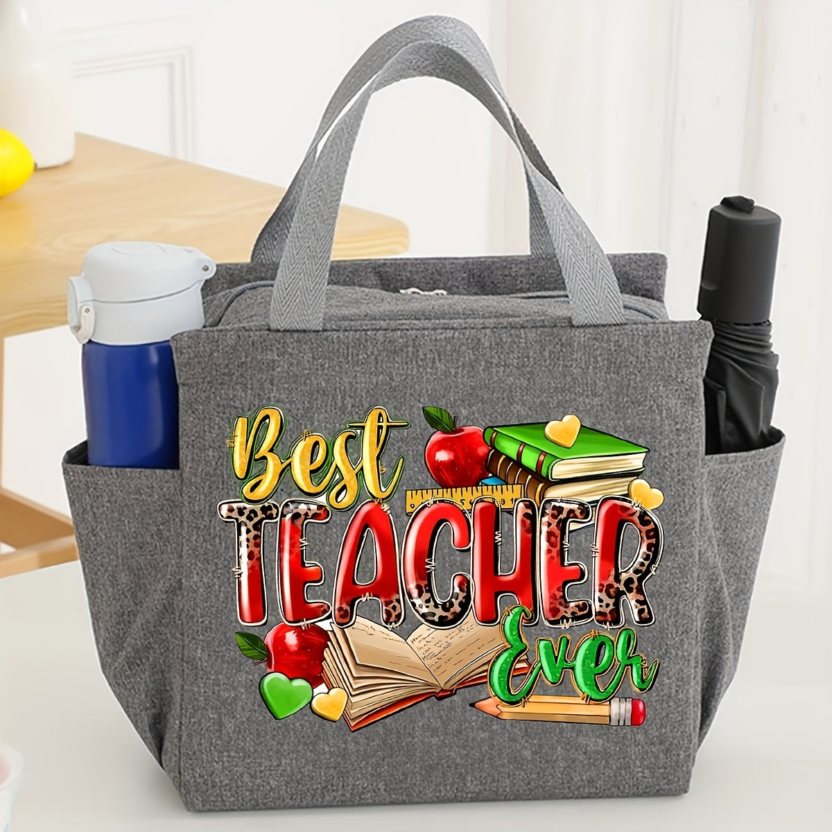 Preppy Style Insulated Canvas Lunch Satchel for Teachers with Foil Lining, Portable Thermal Cooler Tote with Best Teacher & Blessed Teacher Designs, Machine Washable, Zippered Teacher Appreciation Gift Bag