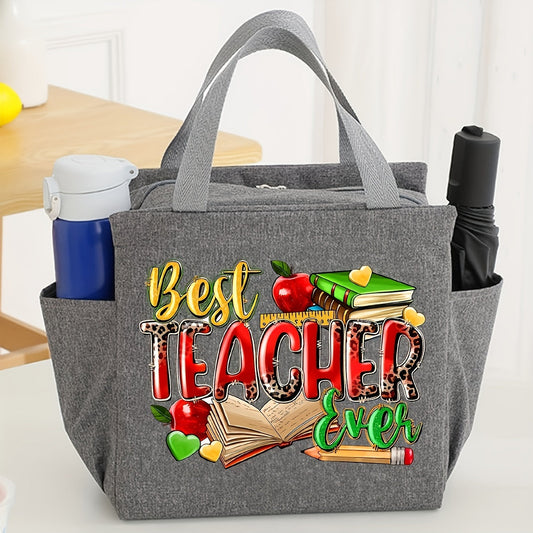 Preppy Style Insulated Canvas Lunch Satchel for Teachers with Foil Lining, Portable Thermal Cooler Tote with Best Teacher & Blessed Teacher Designs, Machine Washable, Zippered Teacher Appreciation Gift Bag