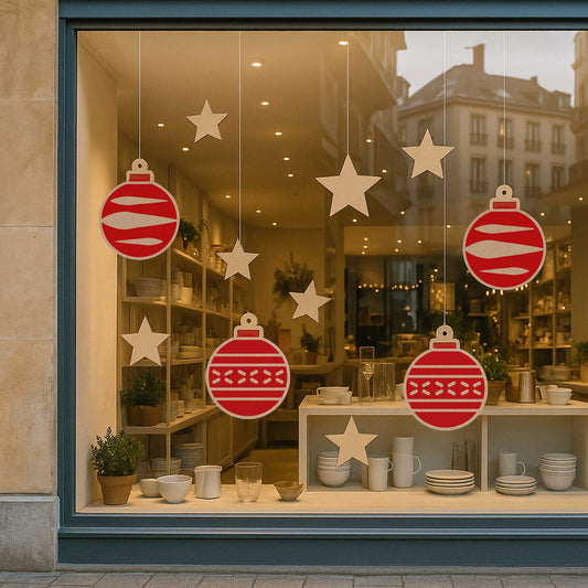 Decorazioni per vetrine natalizie in cartone – Palline e Stelle (set da 9)