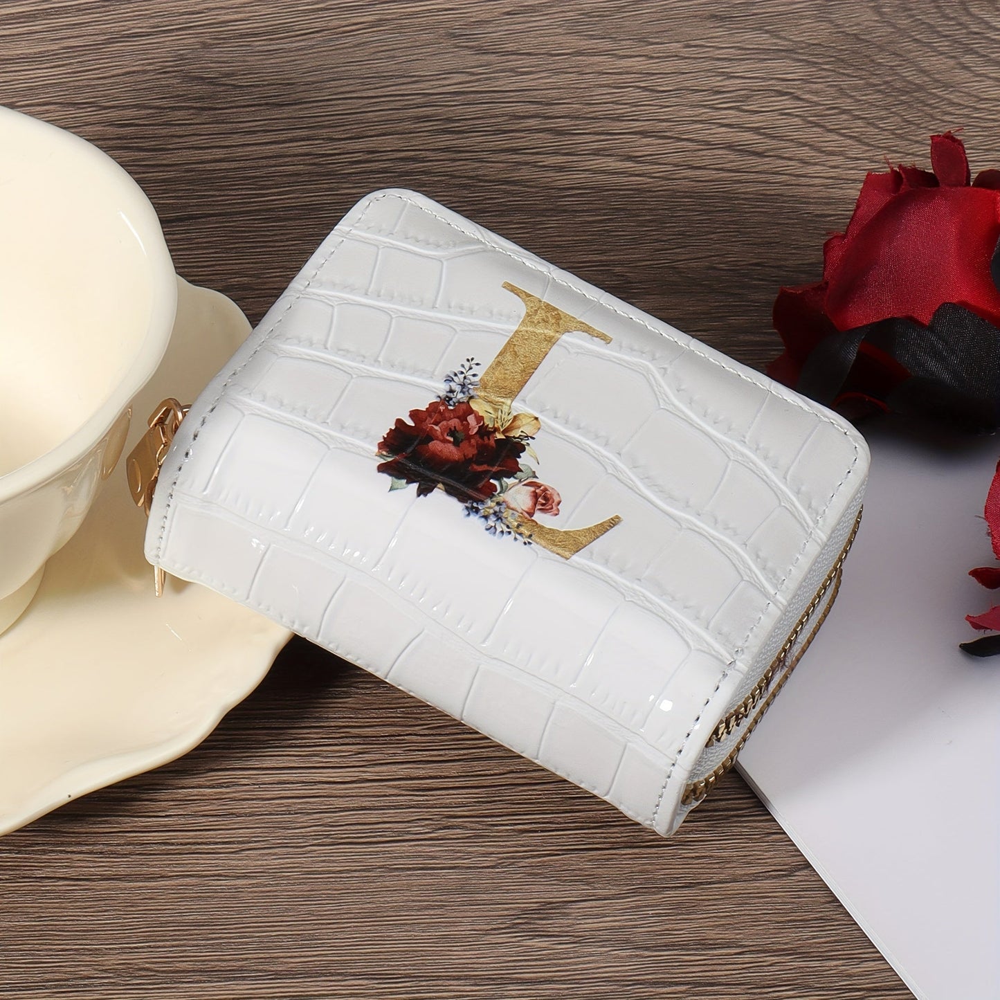 Floral Letter Pattern Credit Card Holder Small Business Card Case For Women Or Men Accordion Wallet With Zipper