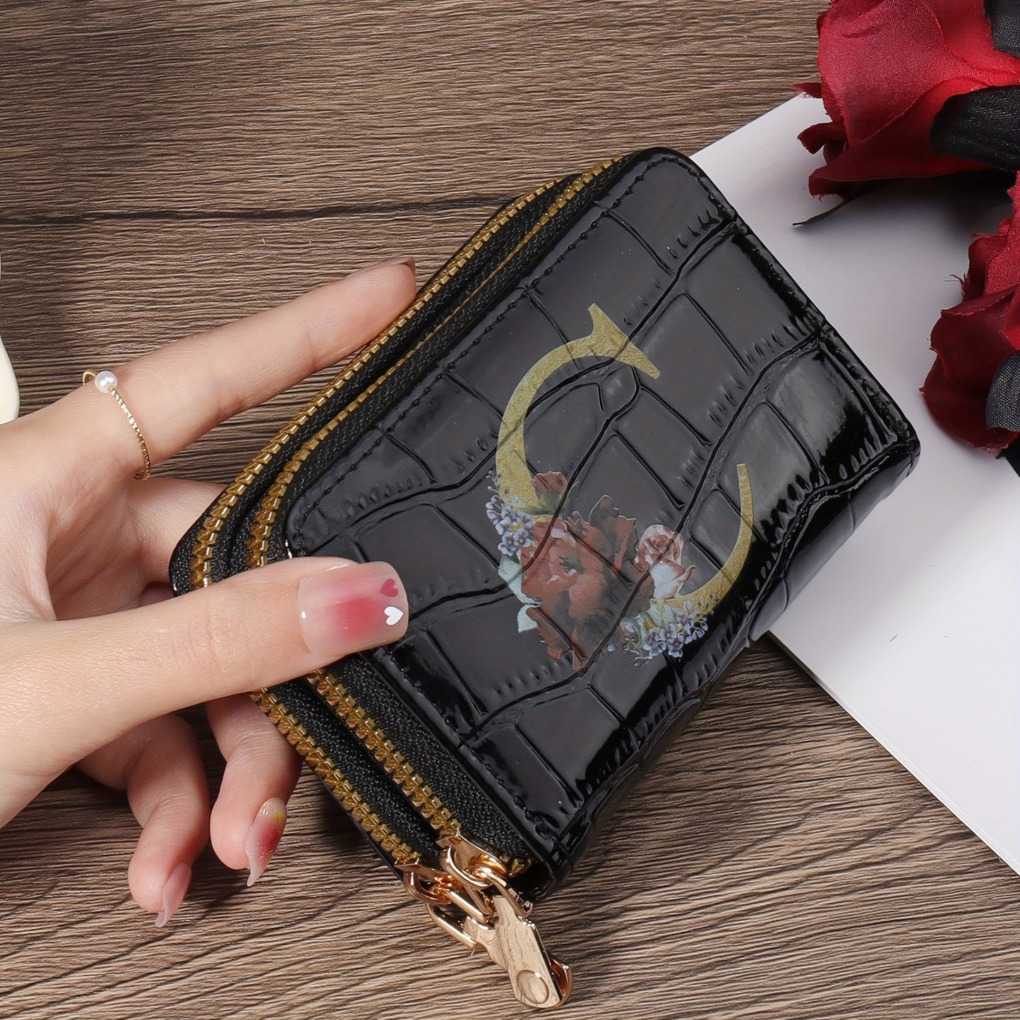Floral Letter Pattern Credit Card Holder Small Business Card Case For Women Or Men Accordion Wallet With Zipper