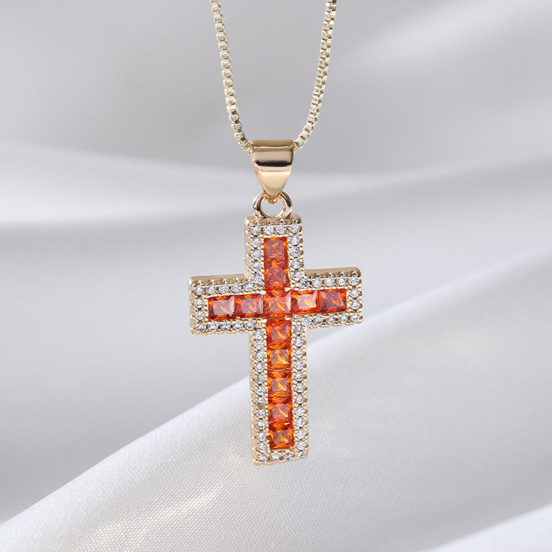 European And American Fashion Copper Micro Inlaid Zircon Cross Necklace Religious Design Hip Hop Style