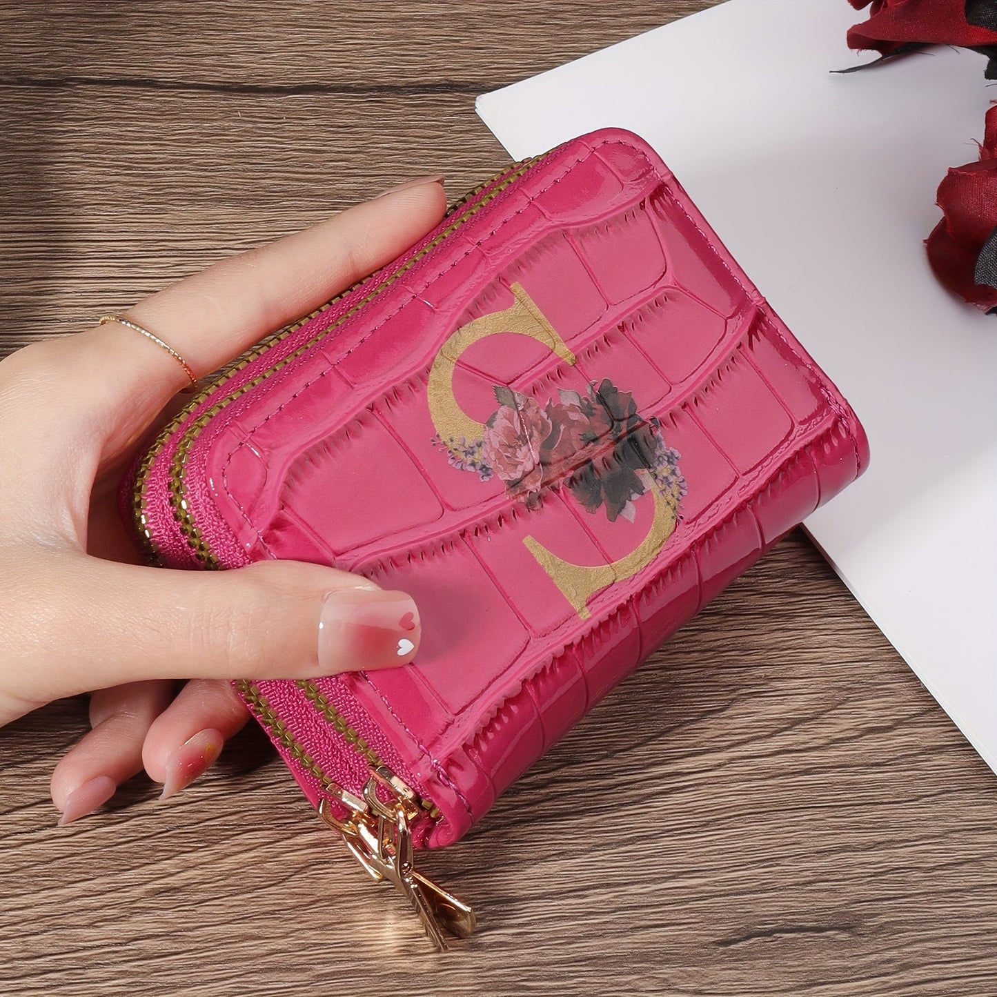 Floral Letter Pattern Credit Card Holder Small Business Card Case For Women Or Men Accordion Wallet With Zipper