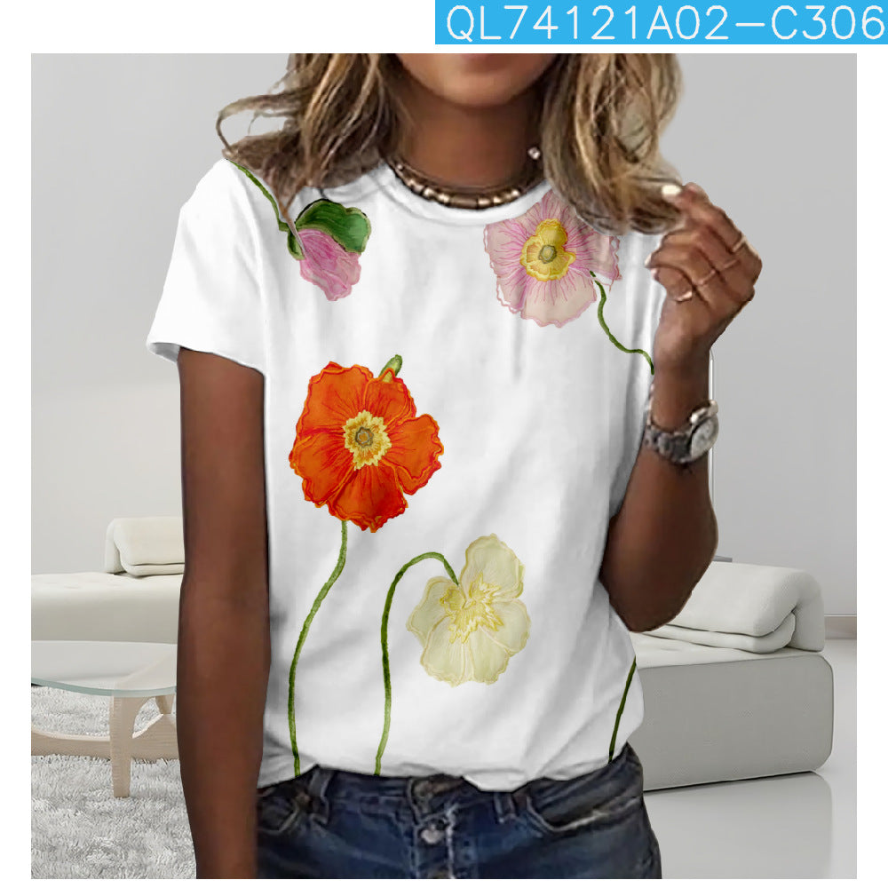 Flower 3D Digital Printing Casual Trend Short Sleeve Women's T-shirt