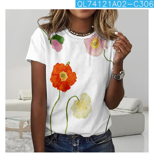 Flower 3D Digital Printing Casual Trend Short Sleeve Women's T-shirt