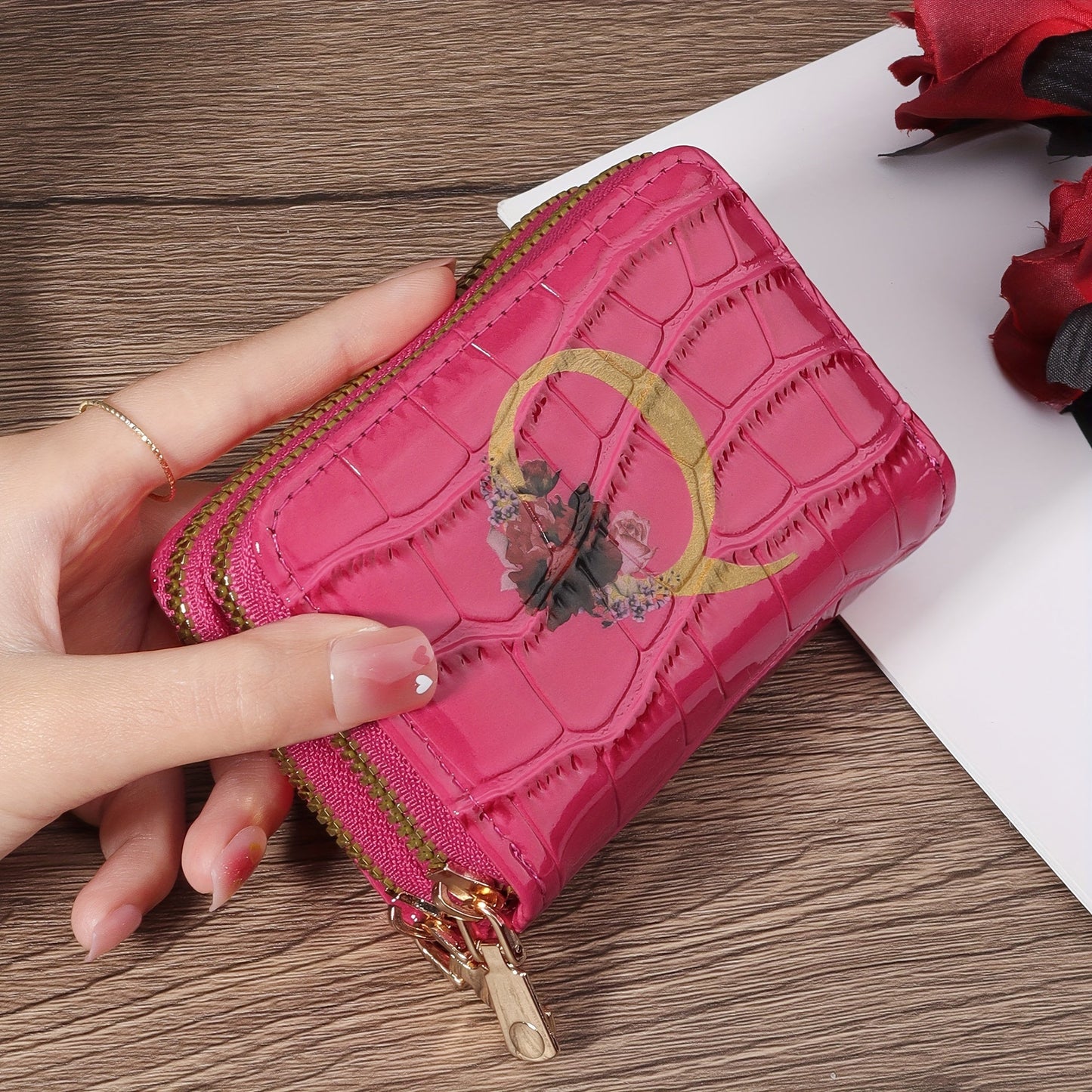 Floral Letter Pattern Credit Card Holder Small Business Card Case For Women Or Men Accordion Wallet With Zipper
