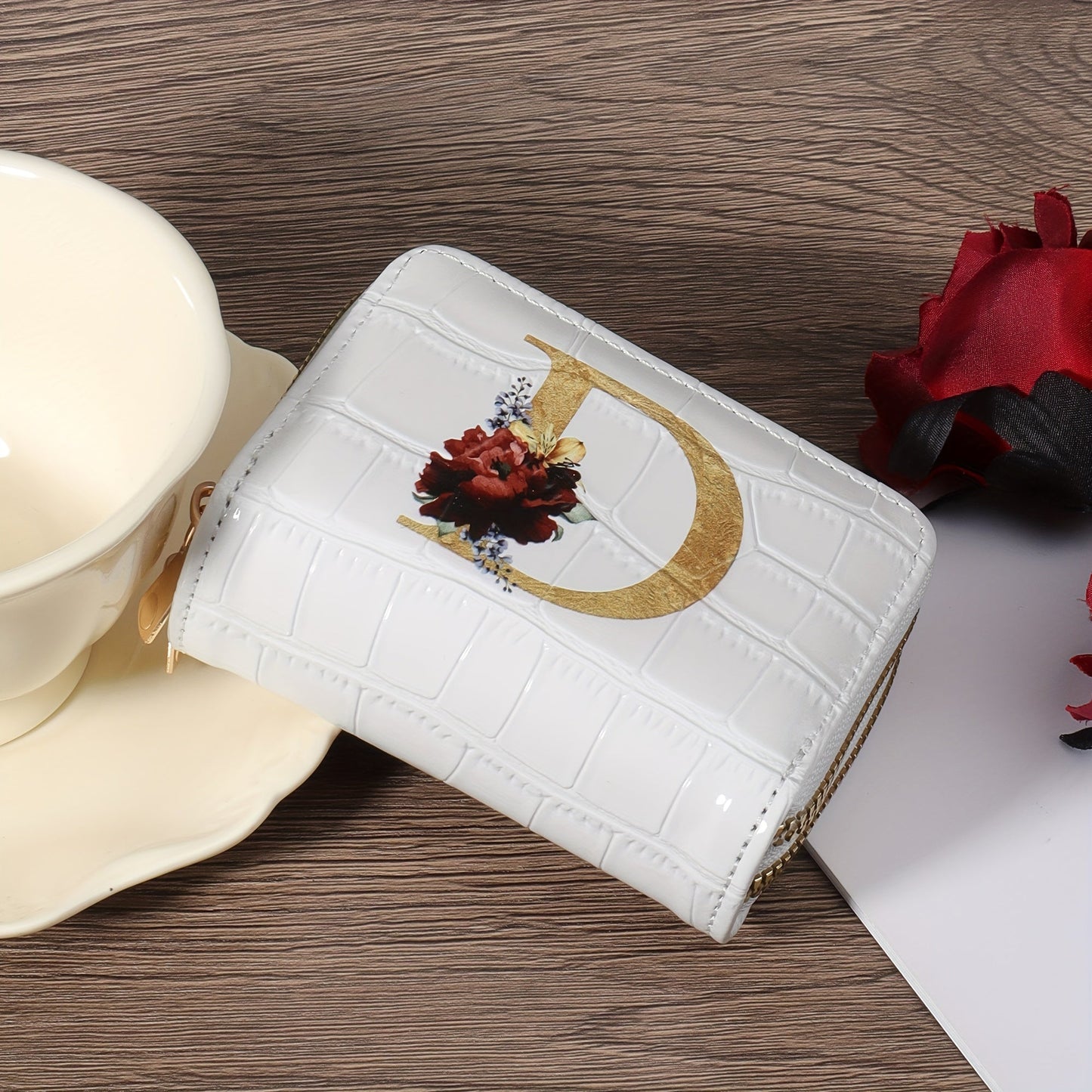 Floral Letter Pattern Credit Card Holder Small Business Card Case For Women Or Men Accordion Wallet With Zipper