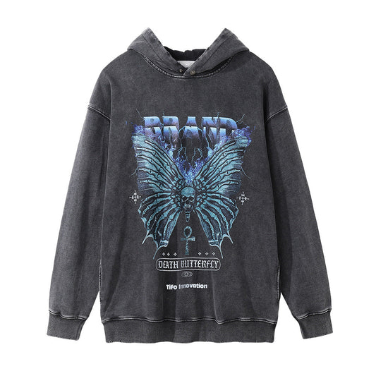 Dark Devil Skull Bone Hooded Sweater Washed Old