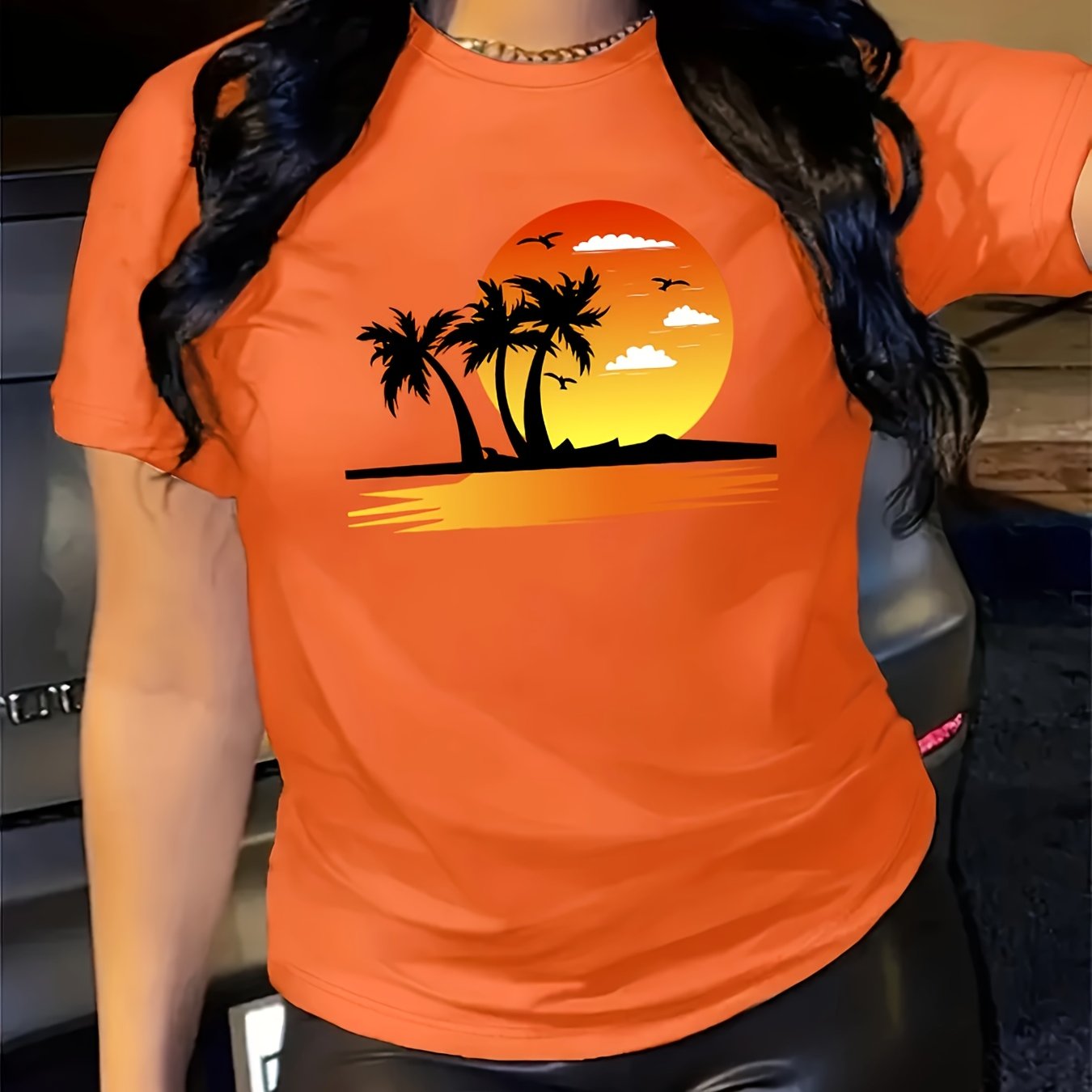 Beach Sunset Print Crew Neck T-shirt, Casual Short Sleeve Top For Spring & Summer, Women's Clothing
