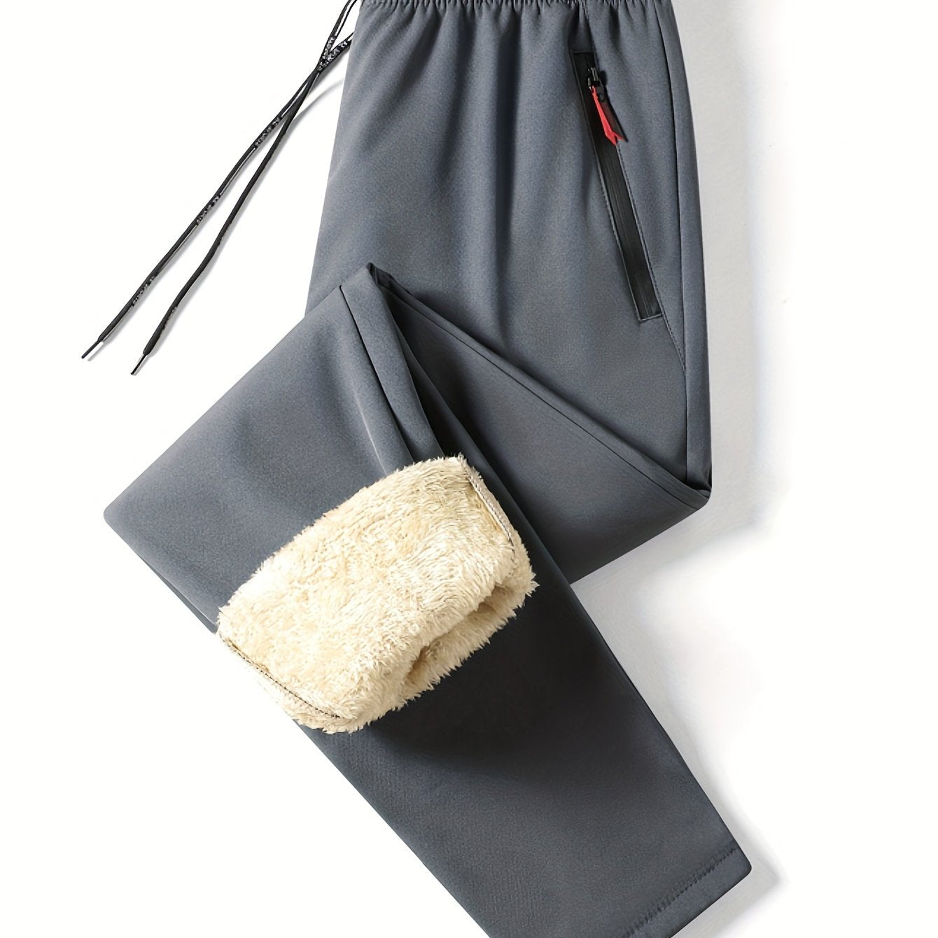 1pc Men'S Winter Fleece-Lined Casual Pants, Solid Color Polyester Non-Stretch Woven with Zipper Details, Regular Fit Adult Weekend Trousers, Basic Style Regular Length, Thick