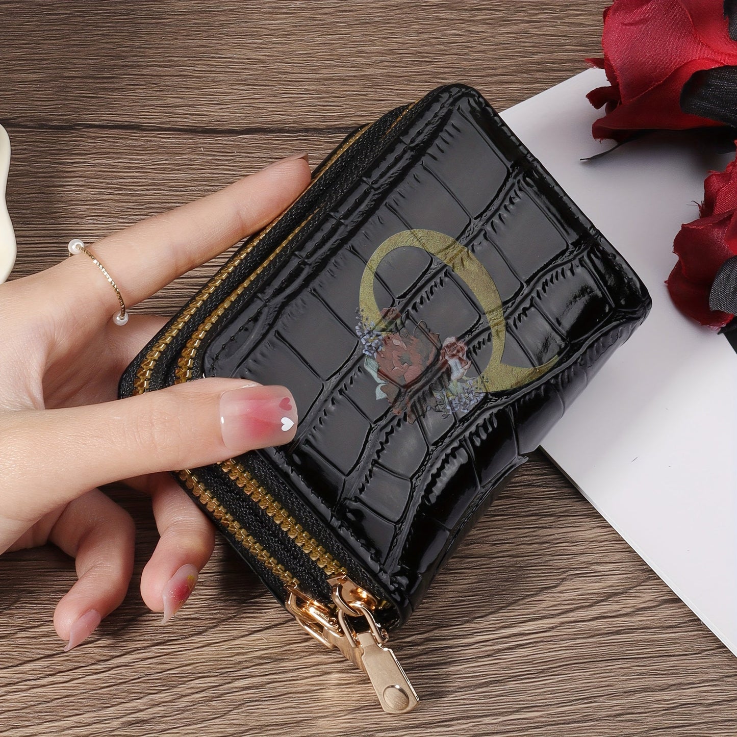 Floral Letter Pattern Credit Card Holder Small Business Card Case For Women Or Men Accordion Wallet With Zipper