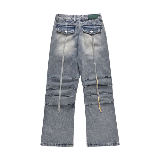 Street Retro Washed Old Pleated Loose Wide Leg Slightly Flared Crumpled Daddy Pants Cargo Jeans