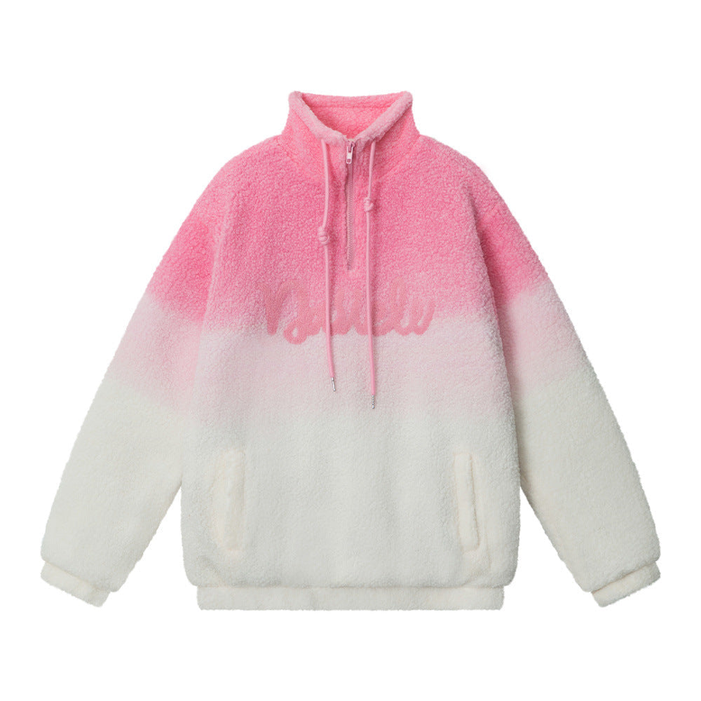 Gradient Lamb Wool Stand Collar Half Zip Sweater Cotton-padded Jacket