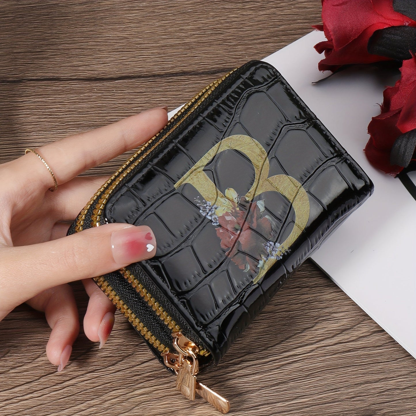 Floral Letter Pattern Credit Card Holder Small Business Card Case For Women Or Men Accordion Wallet With Zipper