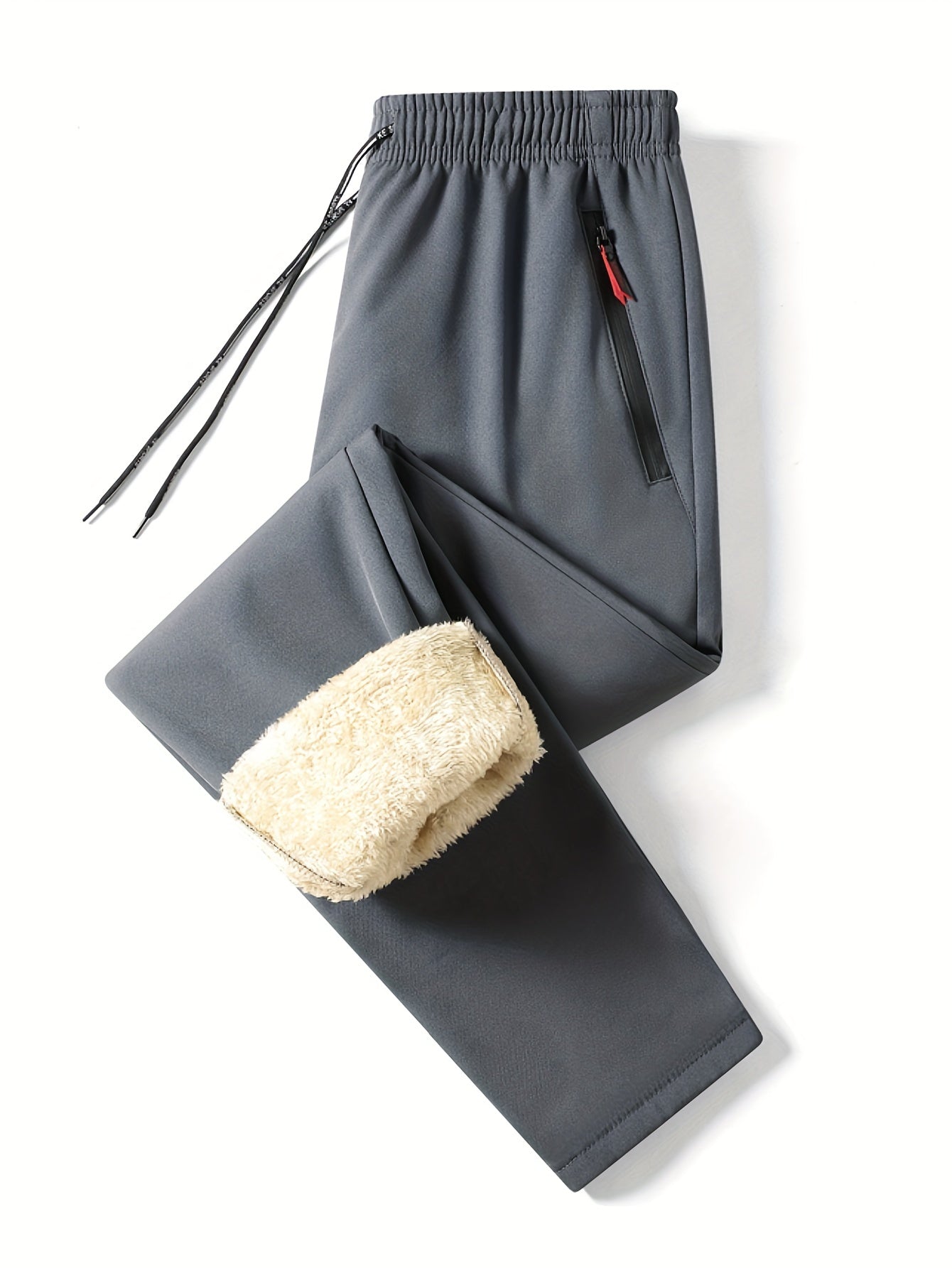 1pc Men'S Winter Fleece-Lined Casual Pants, Solid Color Polyester Non-Stretch Woven with Zipper Details, Regular Fit Adult Weekend Trousers, Basic Style Regular Length, Thick