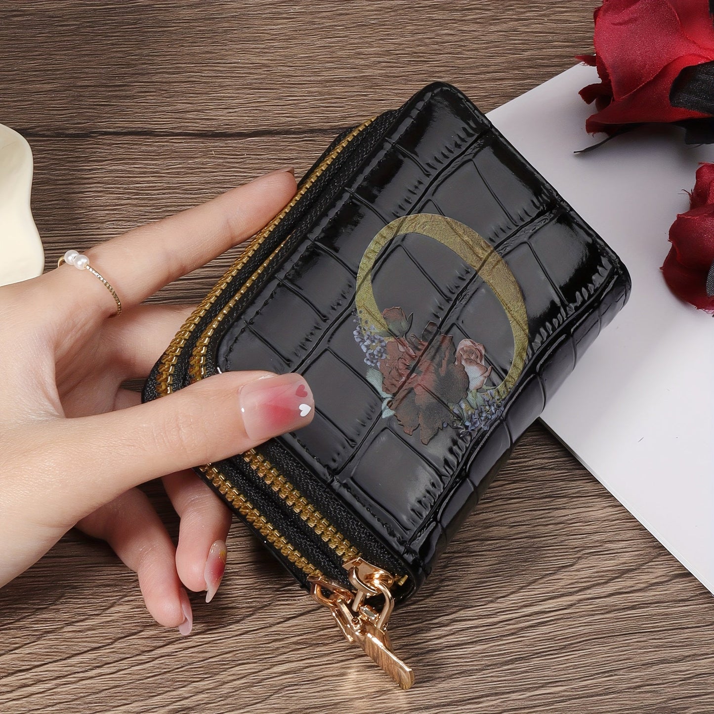 Floral Letter Pattern Credit Card Holder Small Business Card Case For Women Or Men Accordion Wallet With Zipper