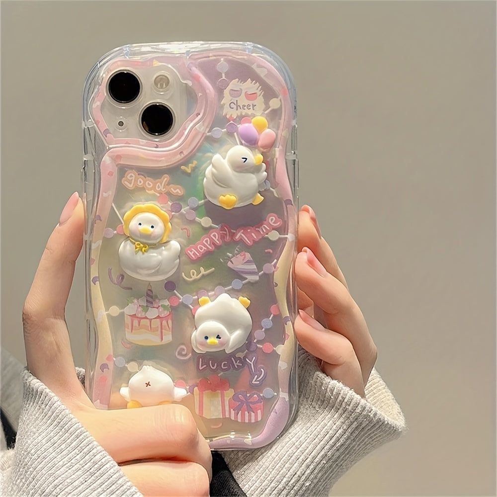 Cute 3D Cartoon Duck Cake Gradient Wave Border Silicone Soft Case For IPhone 15 14 Pro Max 13 12 11 15Plus Shockproof Back Cover
