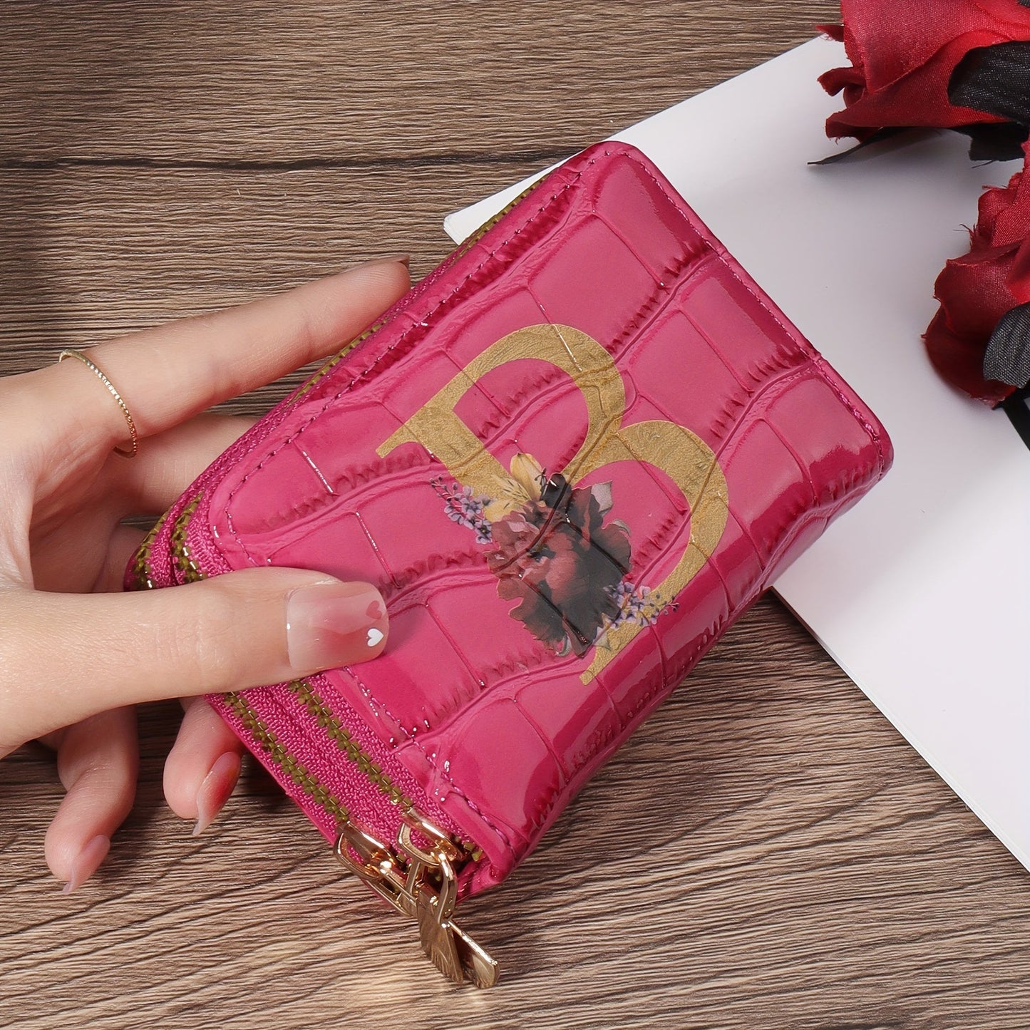 Floral Letter Pattern Credit Card Holder Small Business Card Case For Women Or Men Accordion Wallet With Zipper