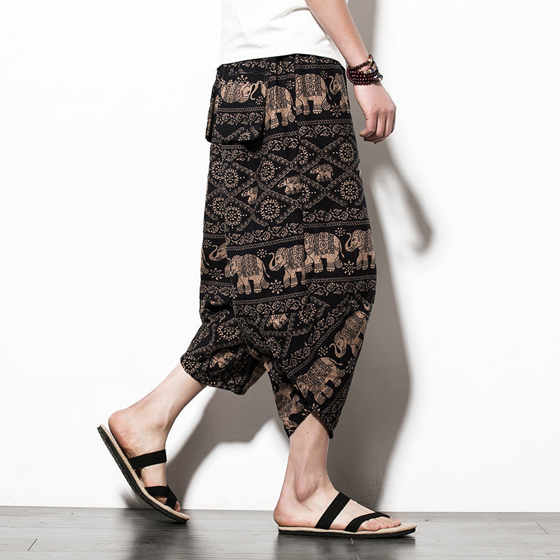 Men's Cropped Tapered Cotton Linen Harem Ethnic Floral Pants