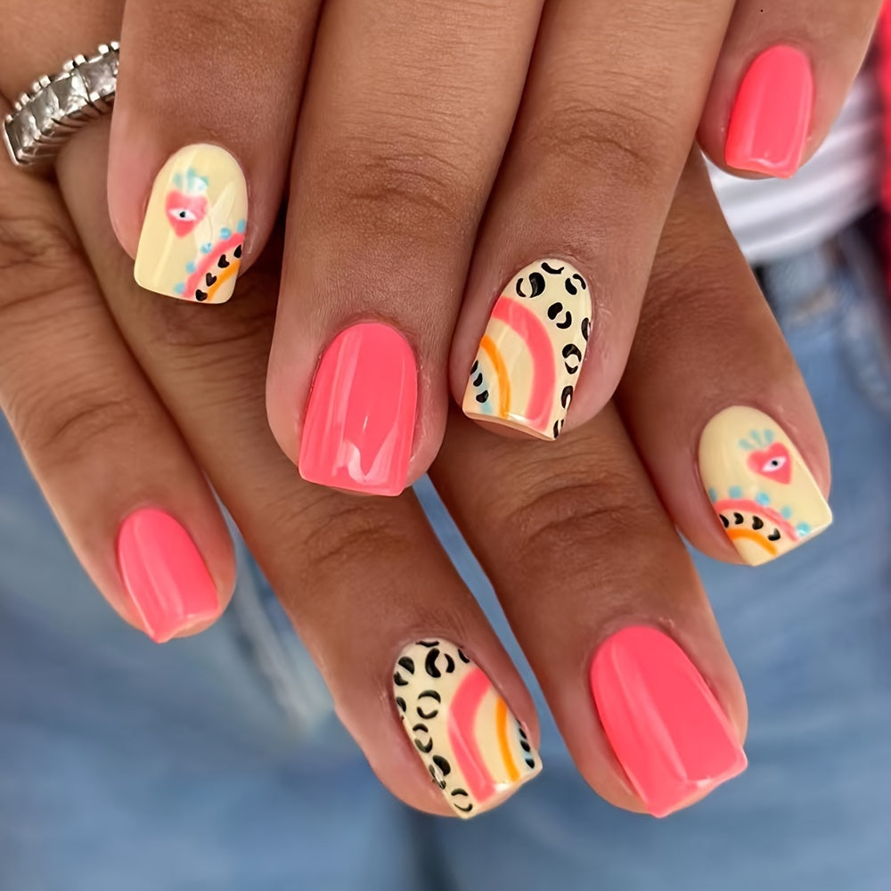 24pcs Glossy Press-On Nails Set - Sweet & Cool Leopard, Heart & Eye Designs for Women and Girls - Short Square Shape, Mixed Colors