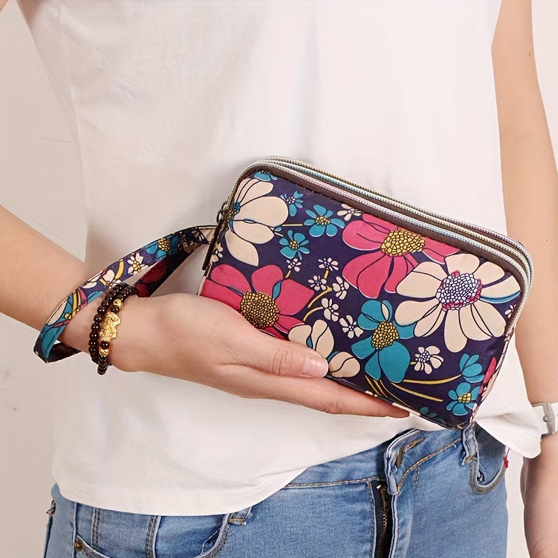 Chic Floral Print Wristlet Wallet for Women - Spacious Clutch with Zipper, Ideal for Travel & Organization, Polyester Coin Purse with Portable Storage Pouch