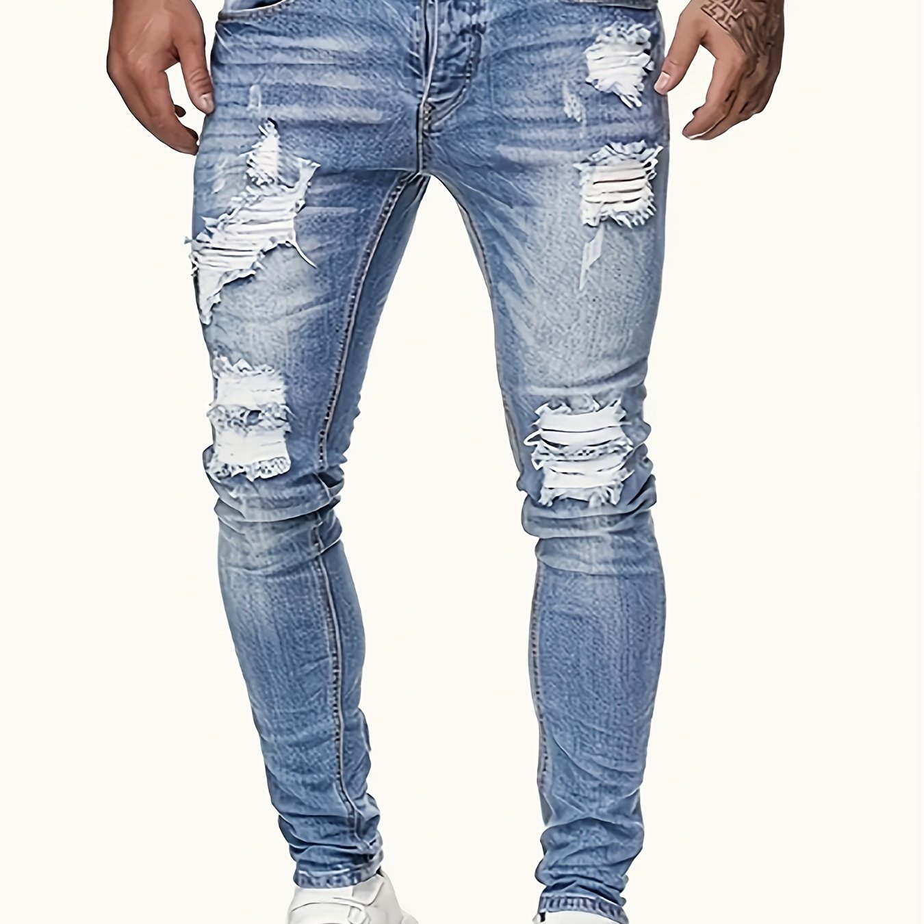 Men'S Ripped Denim Jeans - Casual Slim Fit with Medium Stretch, Woven Cotton Blend, All-Season Regular Length with Washed Details