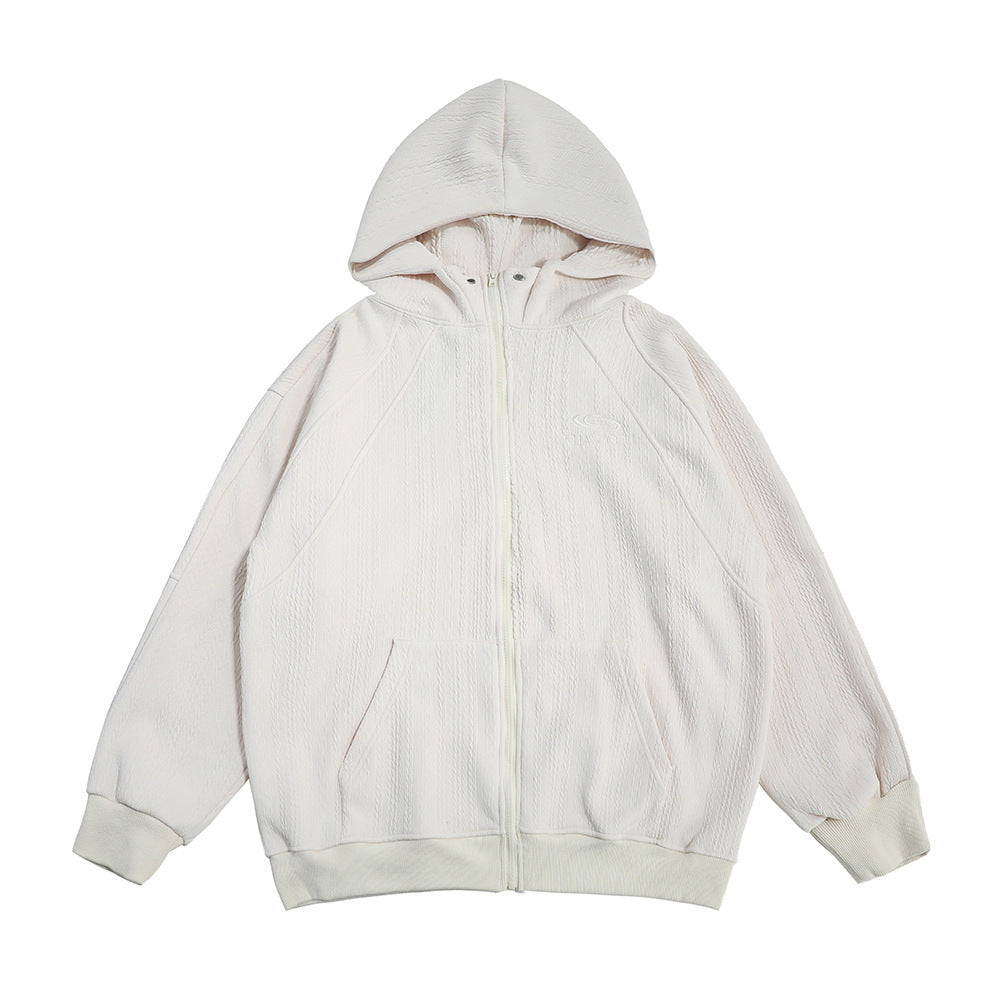 Casual Loose Solid Color Embossed Three-dimensional Pattern Zipper Cardigan Sweater