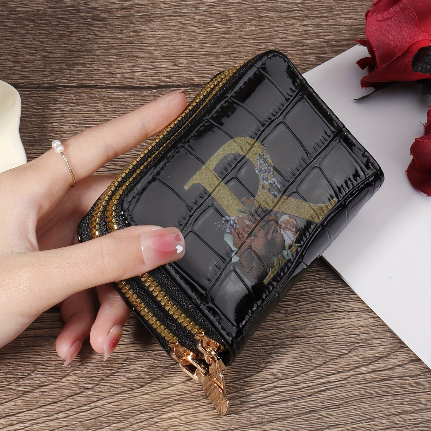 Floral Letter Pattern Credit Card Holder Small Business Card Case For Women Or Men Accordion Wallet With Zipper
