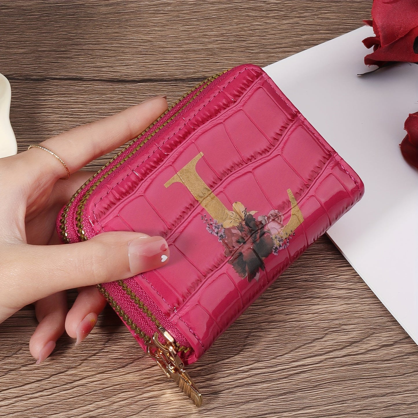 Floral Letter Pattern Credit Card Holder Small Business Card Case For Women Or Men Accordion Wallet With Zipper