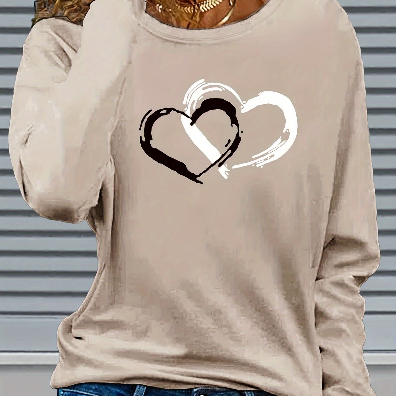 Women'S Long Sleeve T-Shirt with Heart Print, Regular Fit, Stretch Fabric, Round Neck, Casual Style, Polyester, Autumn/Winter Fashion Top
