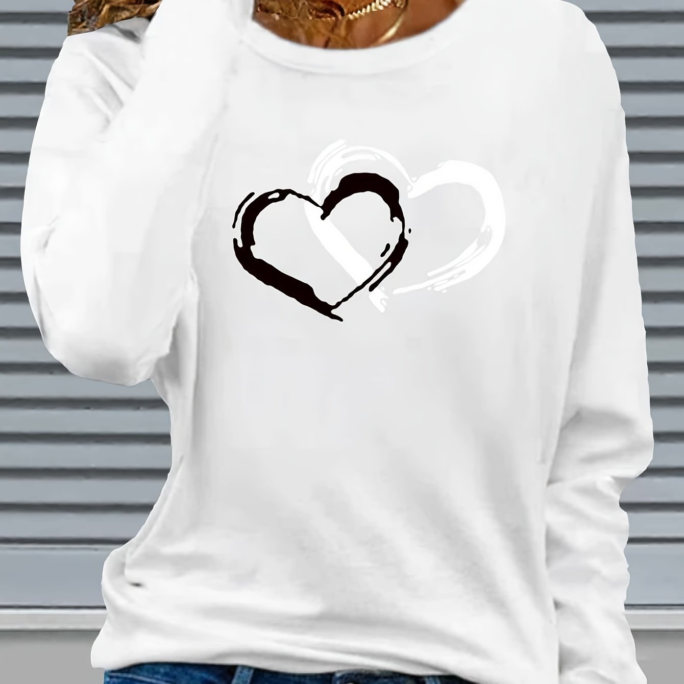 Women'S Long Sleeve T-Shirt with Heart Print, Regular Fit, Stretch Fabric, Round Neck, Casual Style, Polyester, Autumn/Winter Fashion Top