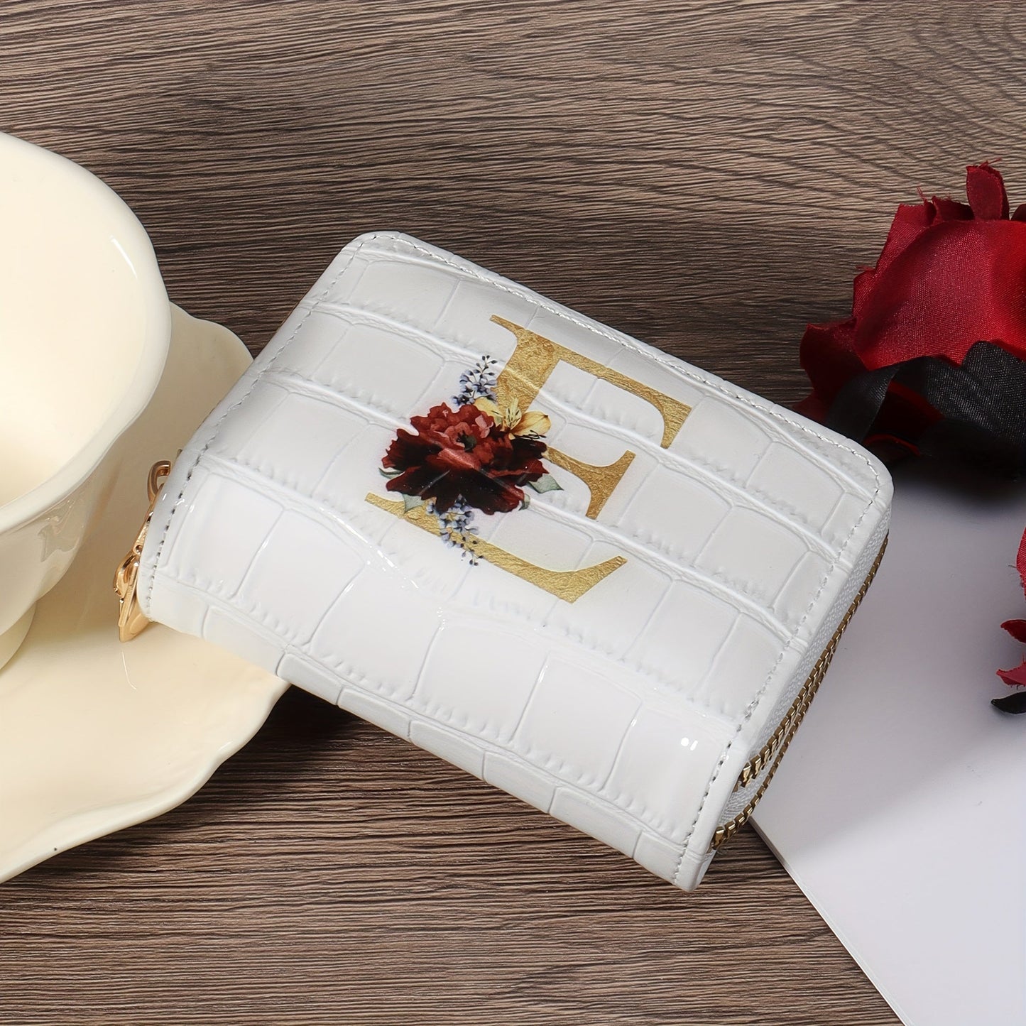 Floral Letter Pattern Credit Card Holder Small Business Card Case For Women Or Men Accordion Wallet With Zipper