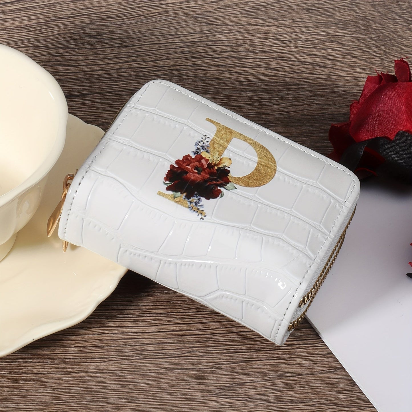 Floral Letter Pattern Credit Card Holder Small Business Card Case For Women Or Men Accordion Wallet With Zipper