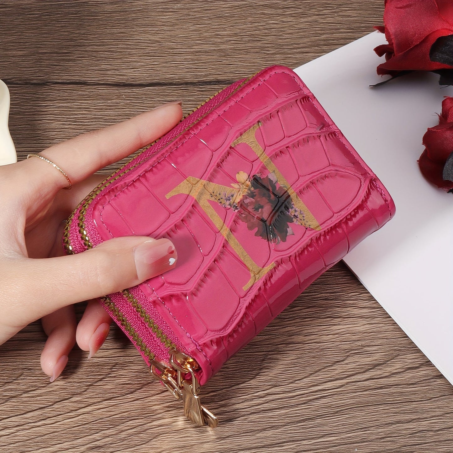 Floral Letter Pattern Credit Card Holder Small Business Card Case For Women Or Men Accordion Wallet With Zipper