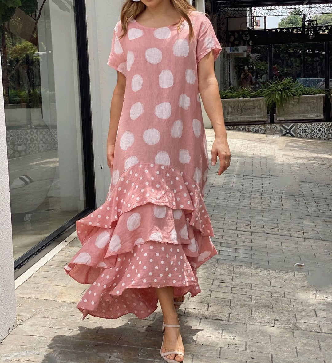 Round Neck Polka Dot Swing Long Dress Women