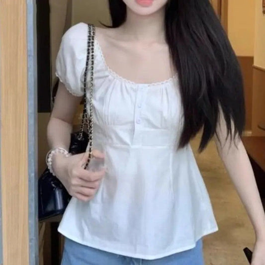Puff Sleeve White Shirt Women's Short Sleeve Top