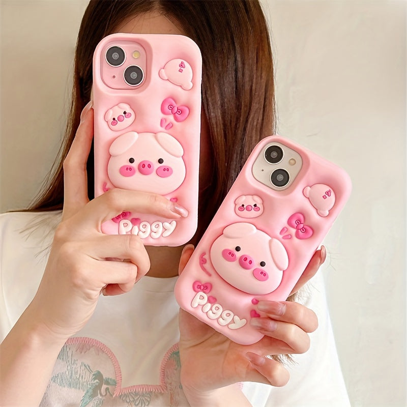 Cartoon Pig Silicone Phone Case with Stand for Apple, Cute 3D Piggy Design, Soft Protective Cover with Pop-Out Holder - Compatible with iPhone Models