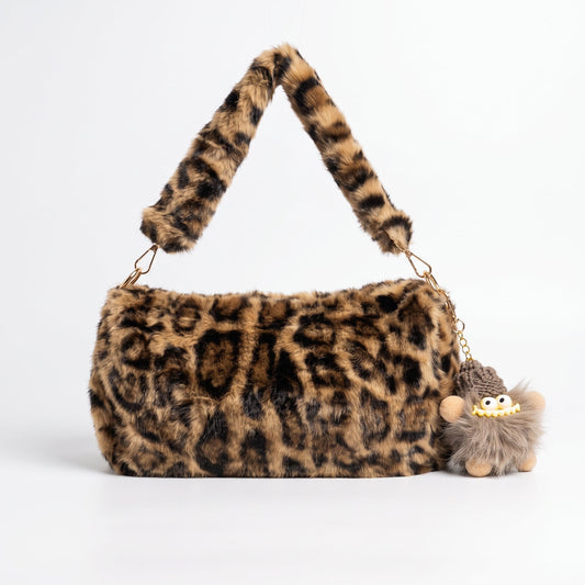 Gemma faux fur leopard print shoulder bag with adjustable strap