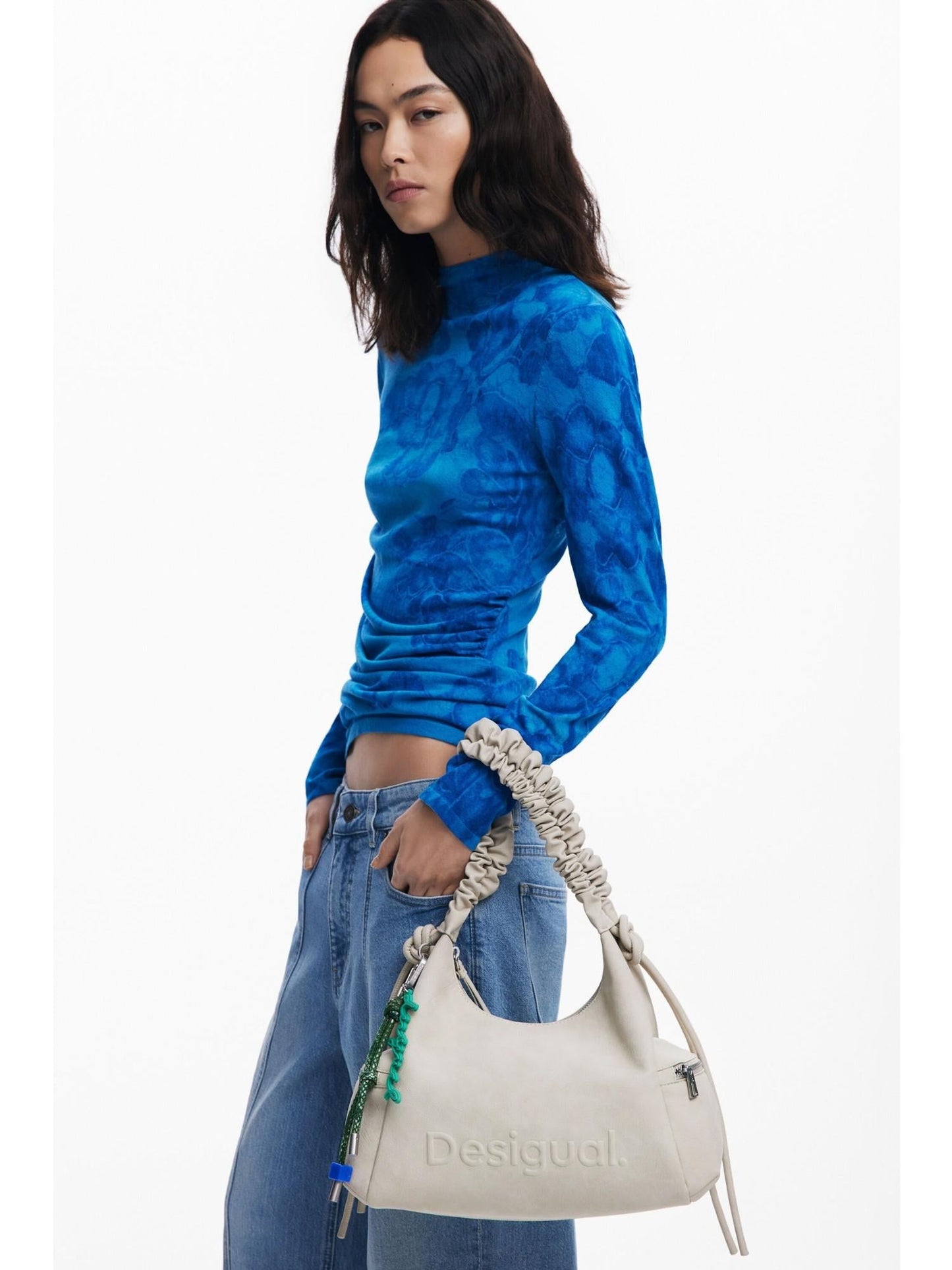 Desigual Borsa logo 3D con manico arricciato media Donna Avorio