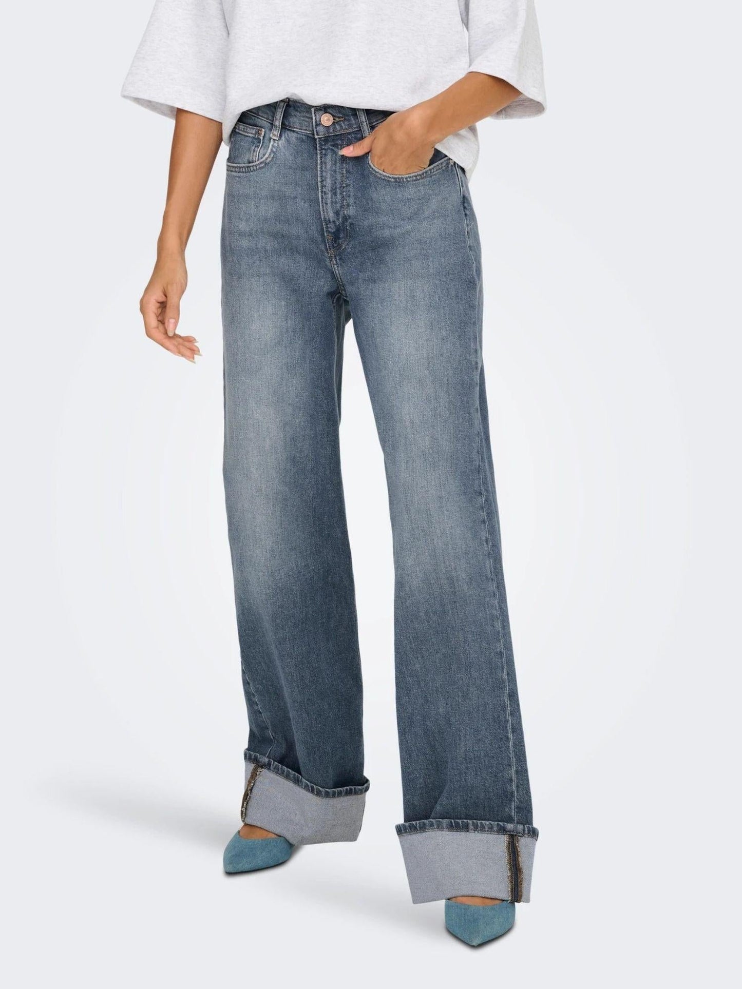 Only Jeans Donna Hope A Vita Alta Wide Leg Fit Special Blue Grey Denim