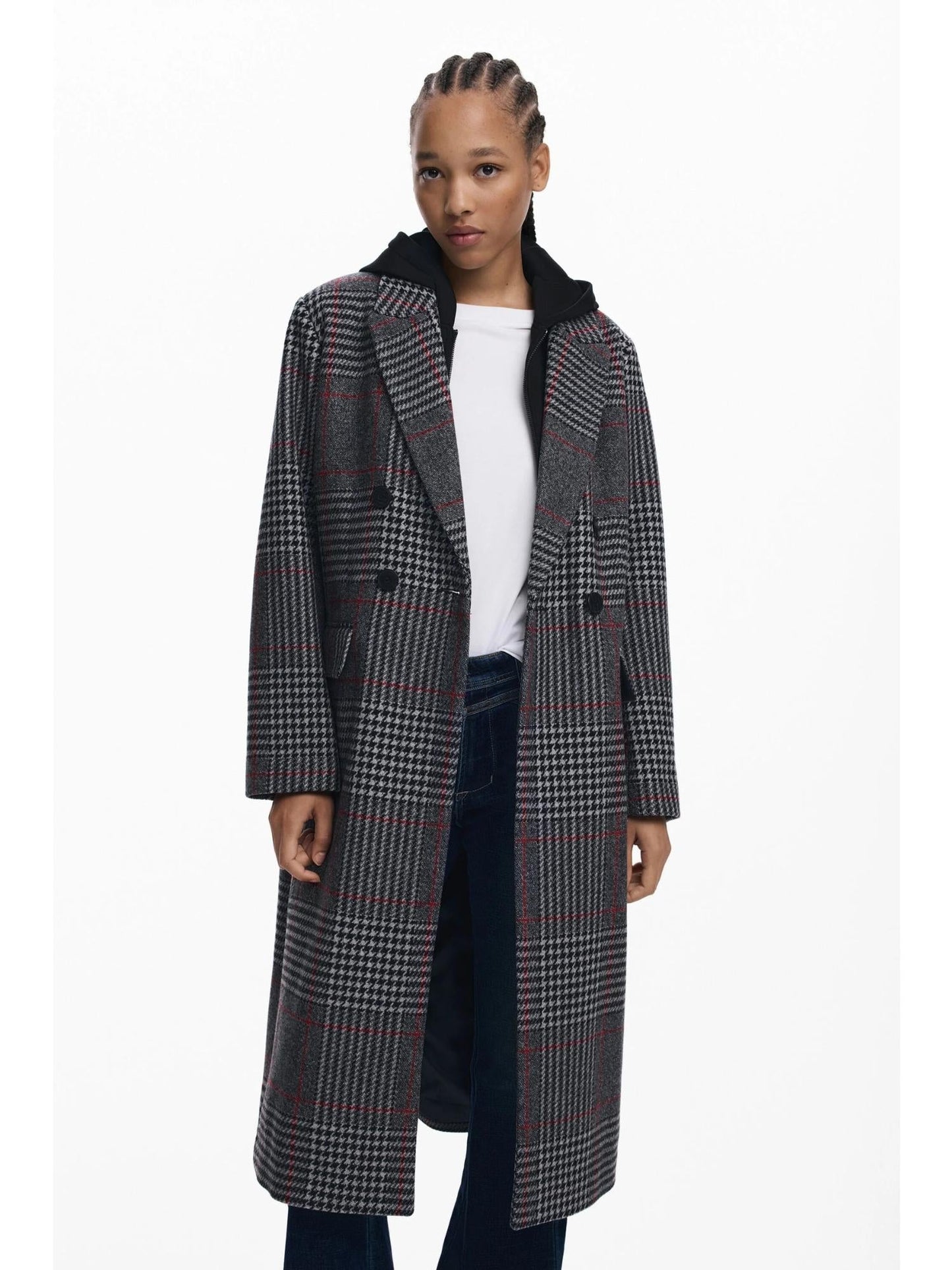 Desigual Cappotto tartan con cappuccio Donna Nero