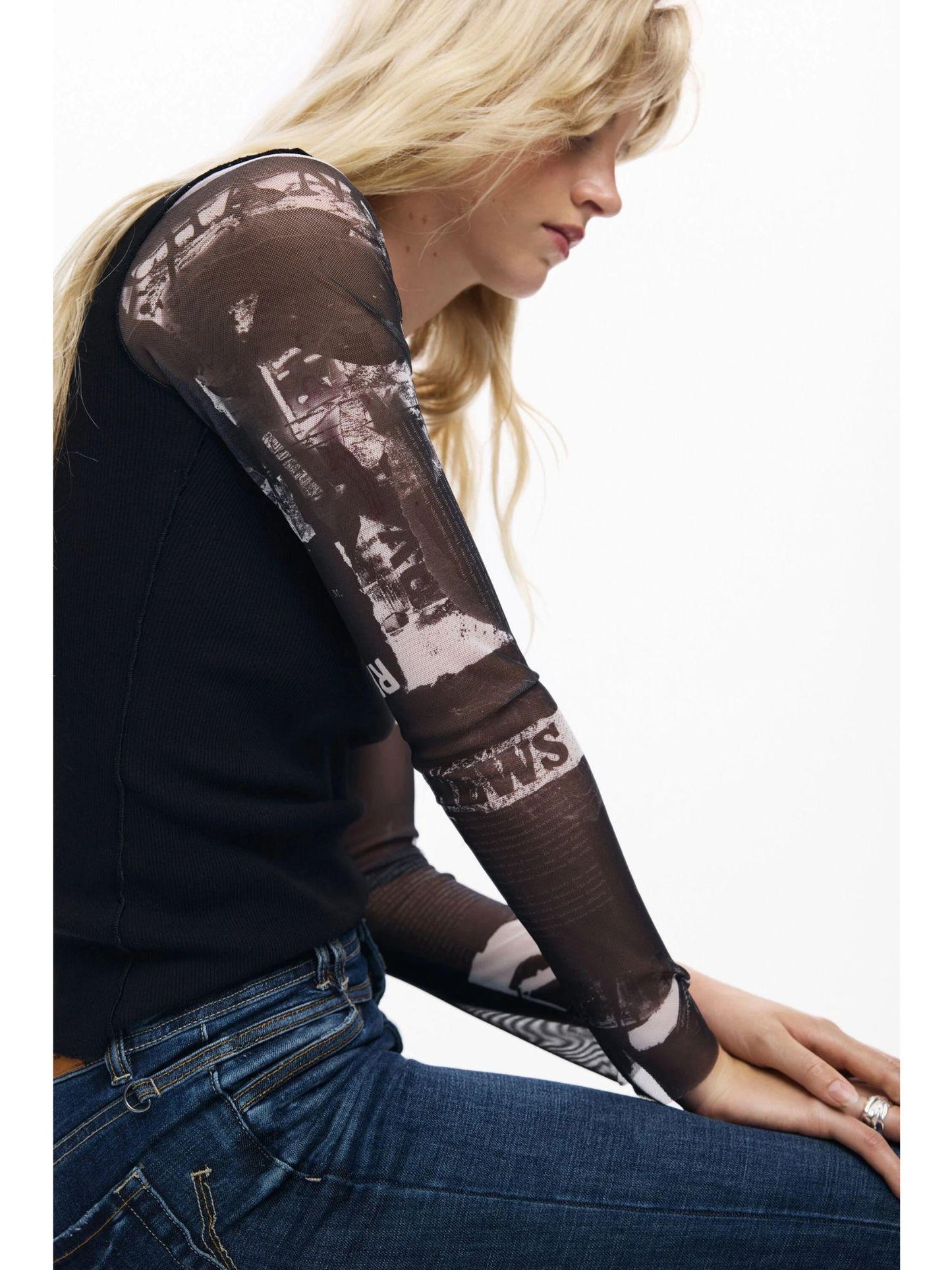 Desigual Maglietta con maniche in chiffon Donna Nero